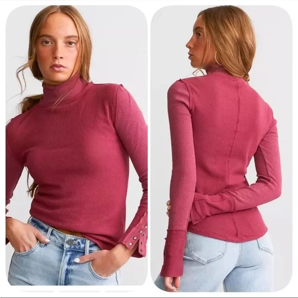 New We the Free Freya Mock Neck Thermal Top in Red - Picture 4 of 6